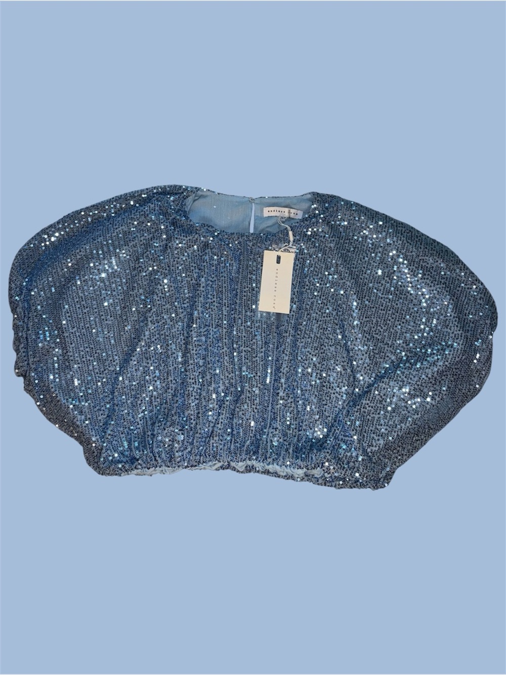 Endless Rose Blue Sequin Puff Sleeve Cropped Top
